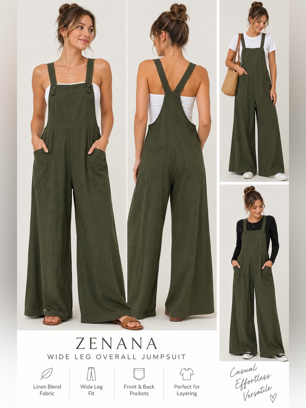 Zenana Outfitters Olive Green Wide-Leg Overall Jumpsuit